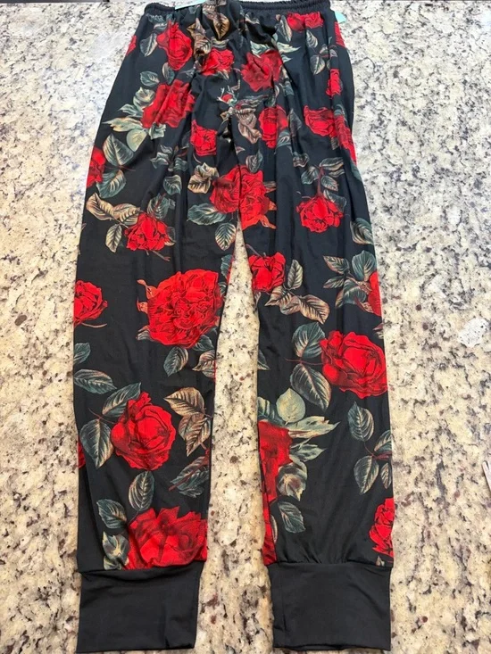 Floral Red Rose Print Black Jogger Pants - Picture 5 of 5